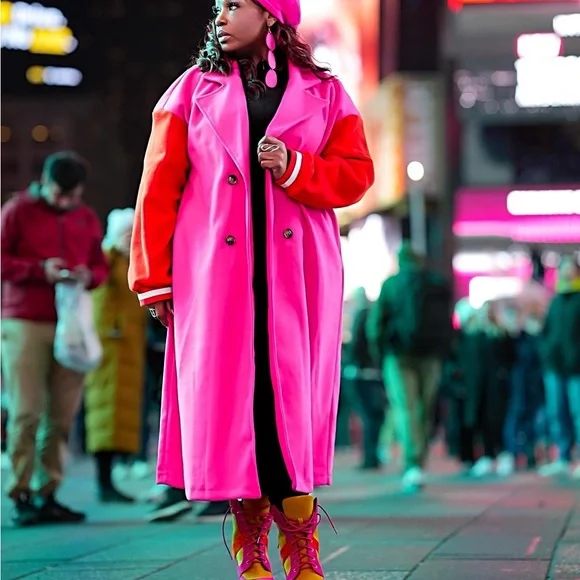 Bold Pink and Orange Trench Coat with Oversized Fit - Picture 13 of 15